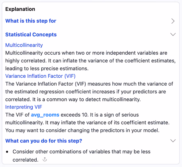 Guided Statistical Workflows with Interactive Explanations and Assumption Checking