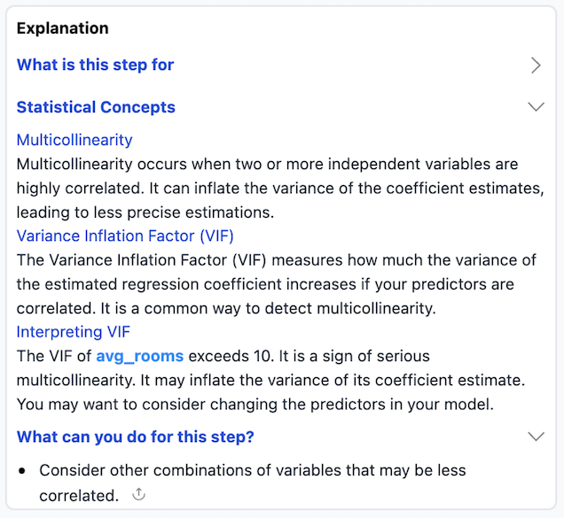 Guided Statistical Workflows with Interactive Explanations and Assumption Checking